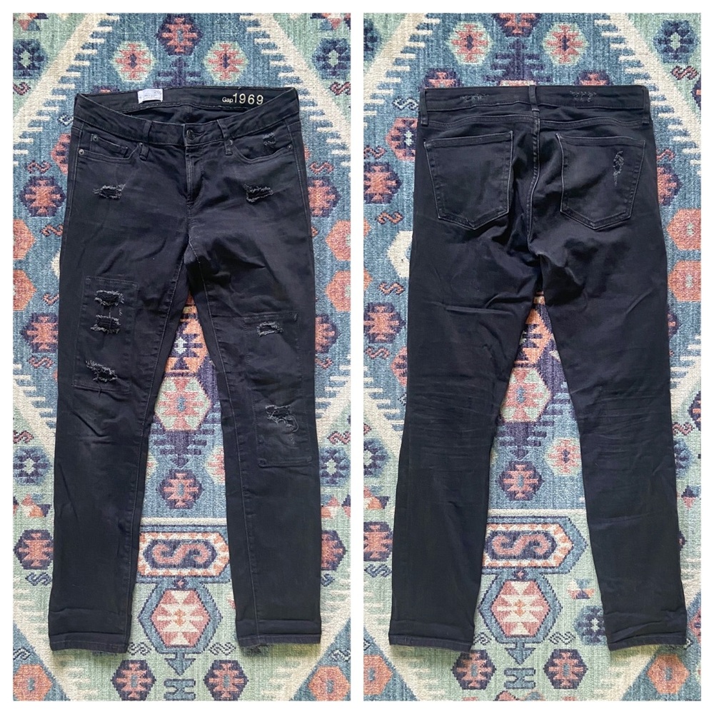 Gap black distressed denim always skinny high rise jeans size 26